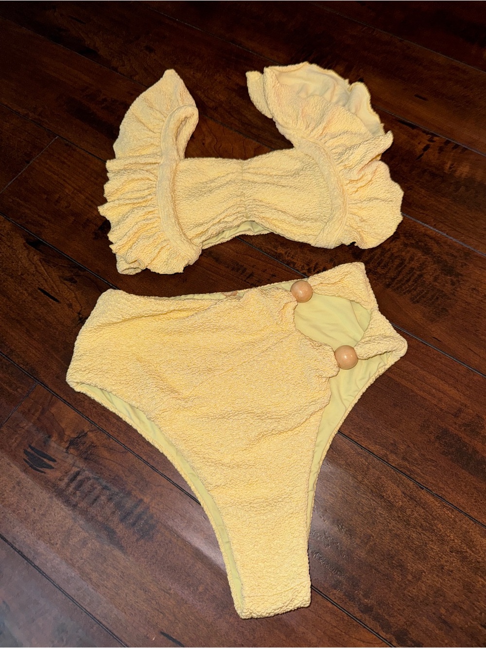 Textured Yellow Ruffle Bikini Set with Decorative Beads - Women